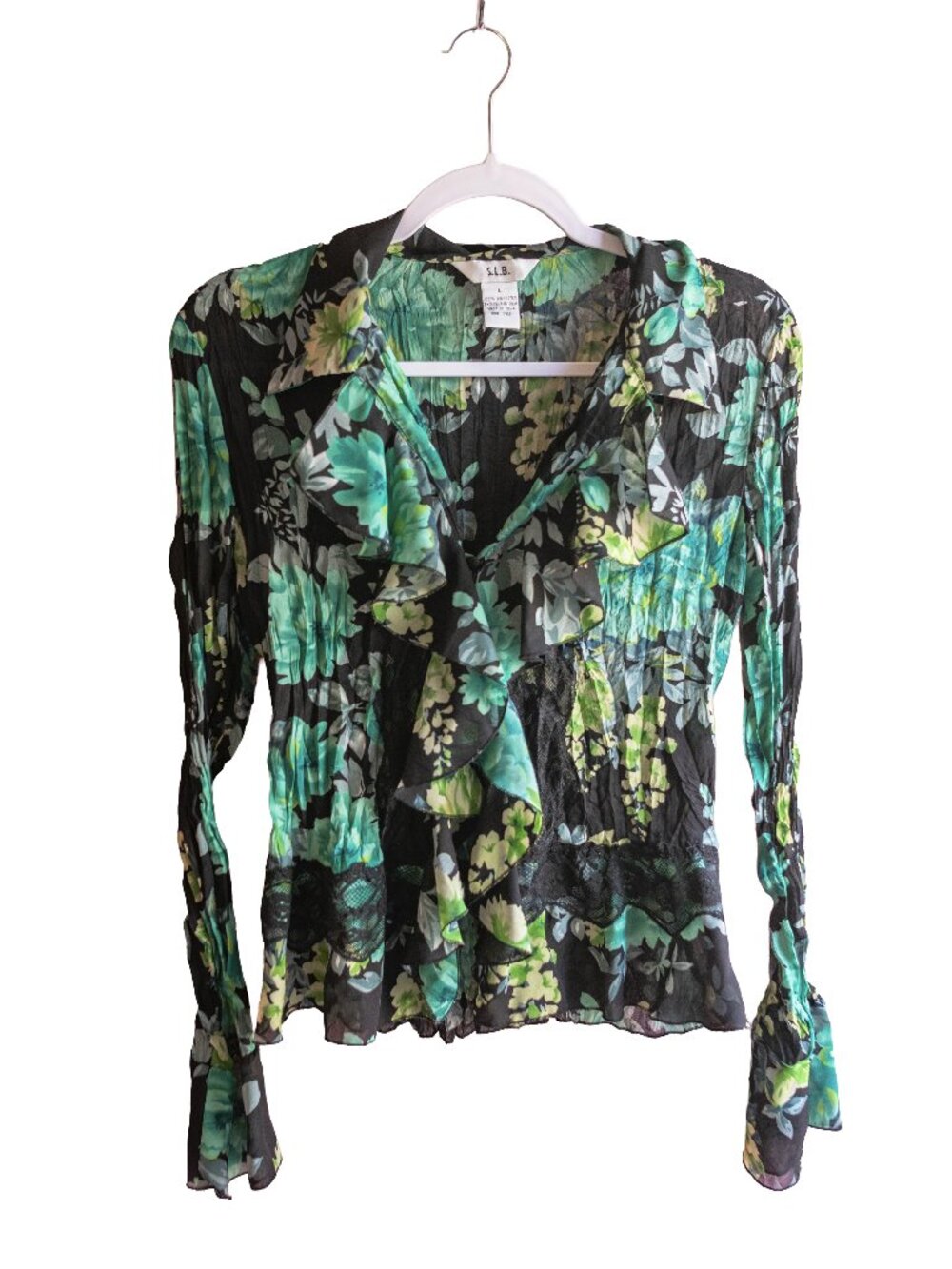 Vintage SLB Fashions Crinkle Ruffle Bell Sleeve Blouse - Floral - Large